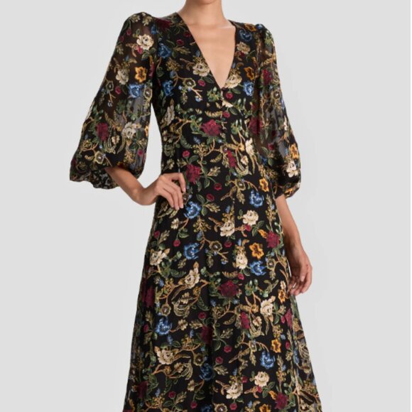 Alice and Olivia Mona Floral Burnout Long Sleeve Midi Dress Size 12 - Picture 1 of 5